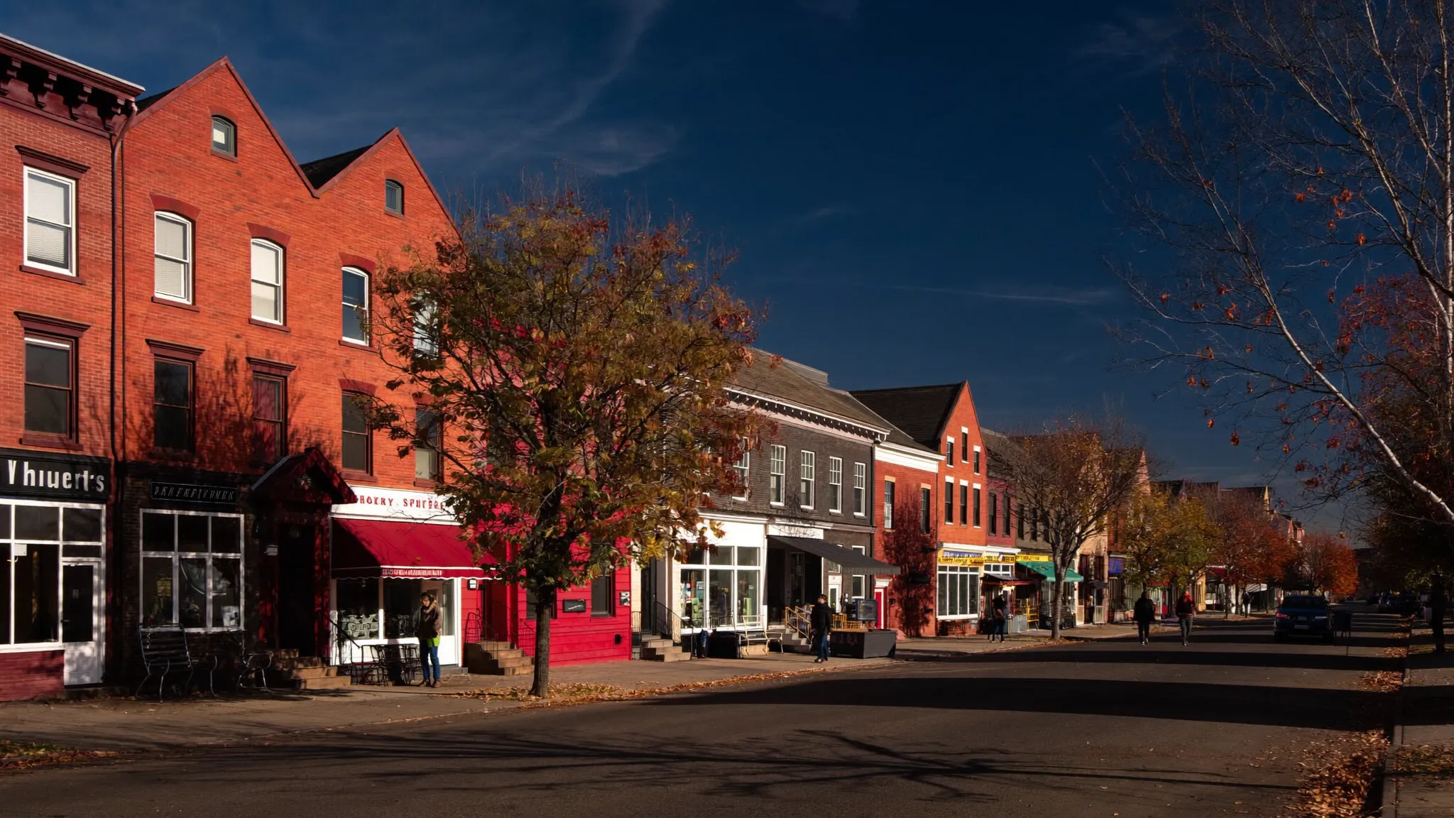 Main street of a small Pennsylvania town in warm evening light